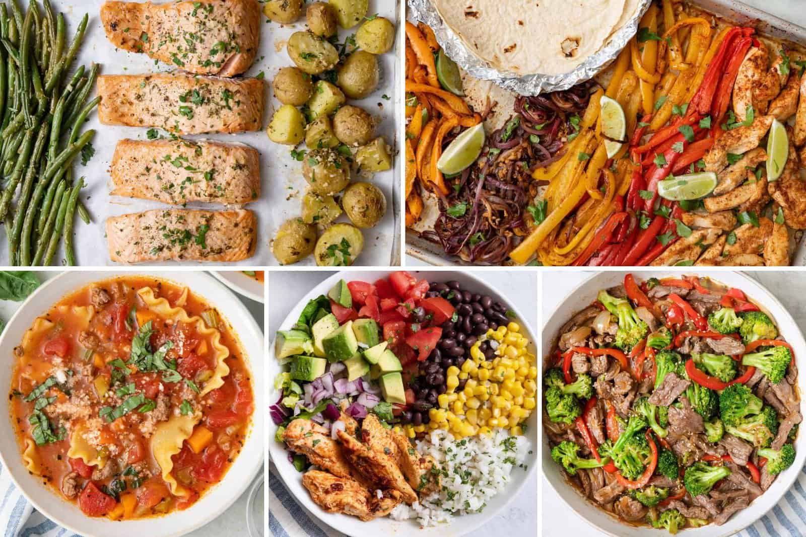 5 image collage of dinner ideas to make ahead of time.