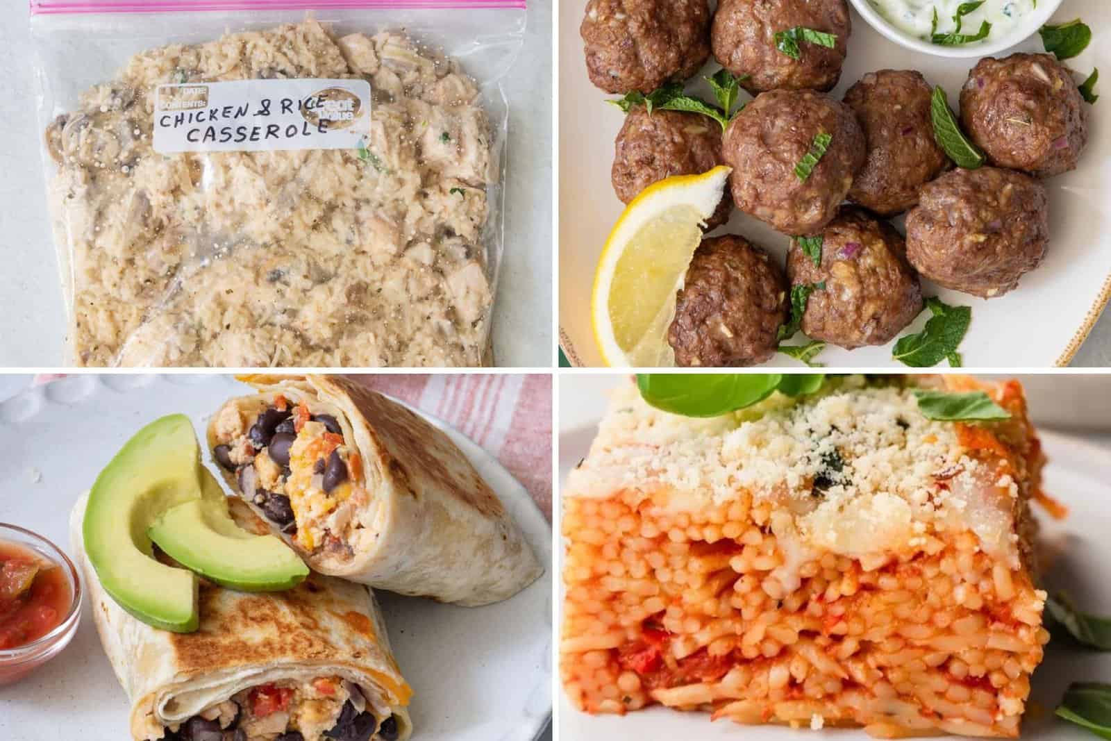 4 image collage of freezer friendly recipes.