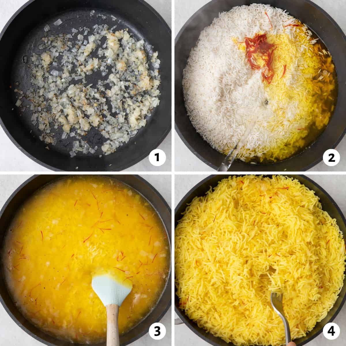 4 image collage making recipe in a pan: 1- onions after softened, 2- saffron water and rice added, 3- stirring to combine, 4- rice after cooking with a fork fluffing some.