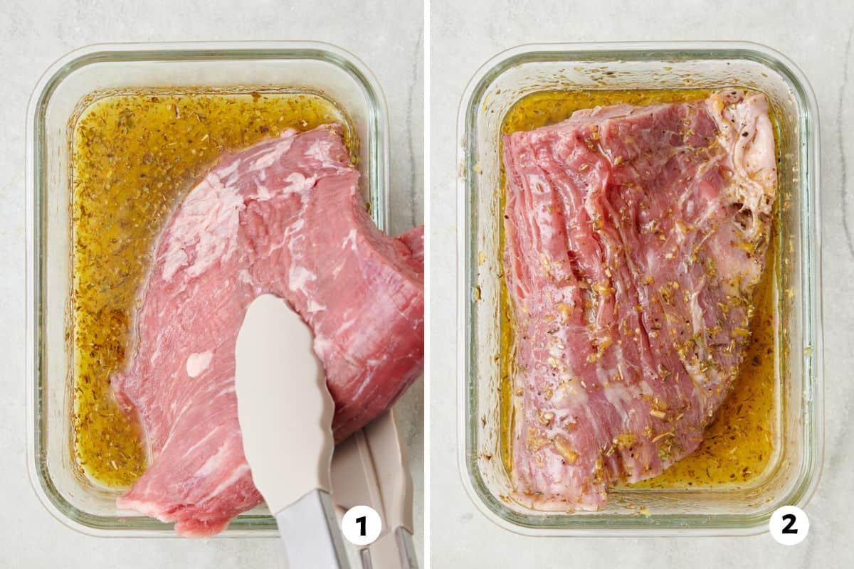 2 image collage of a Lemon Italian marinade in a dish with a flank steak being added and after it is coated in the marinade.