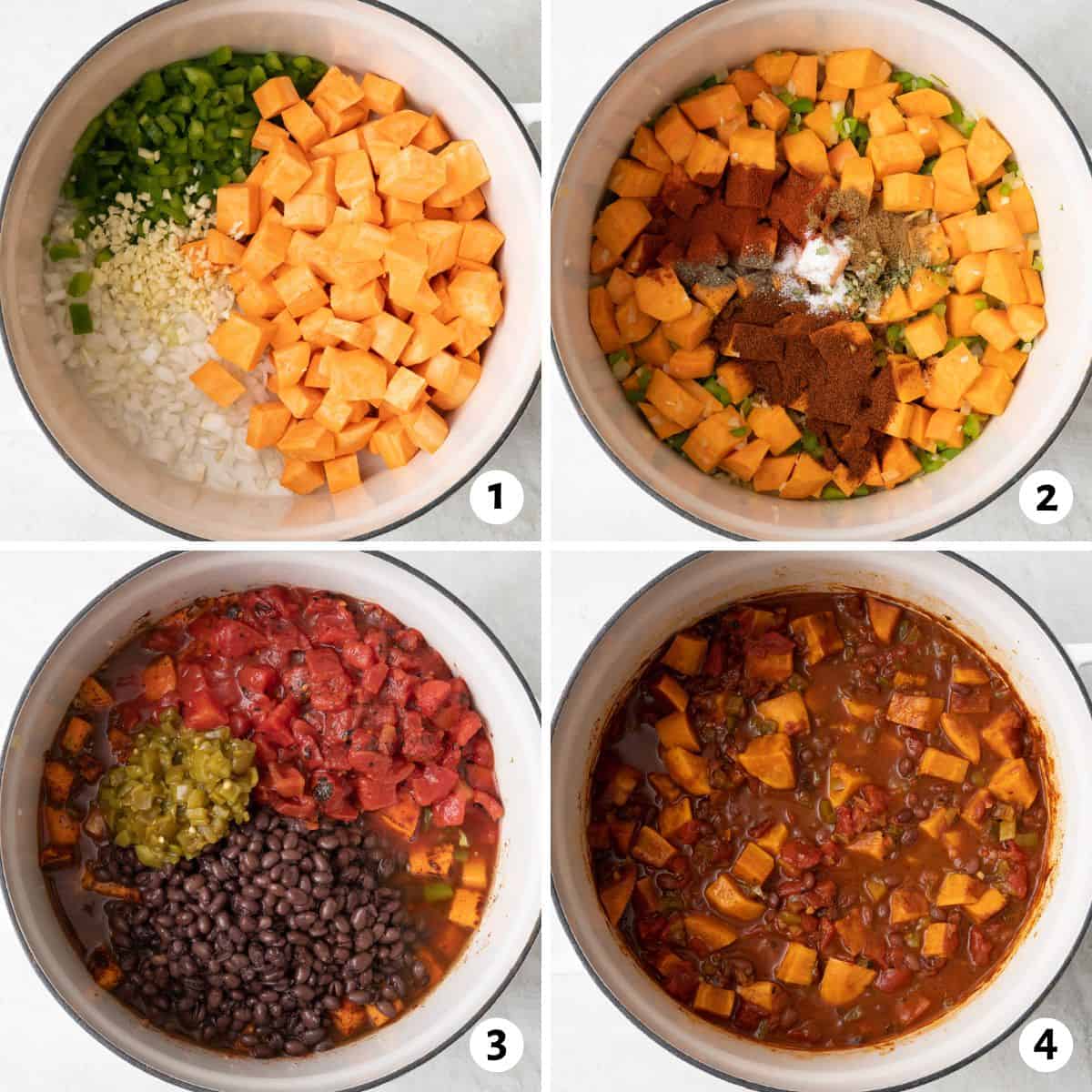 4 image collage making recipe in a pot: 1- veggies added to pan before combining, 2- after mixed with seasonings added, 3- broth and remaining ingredients added, 4- after cooking.