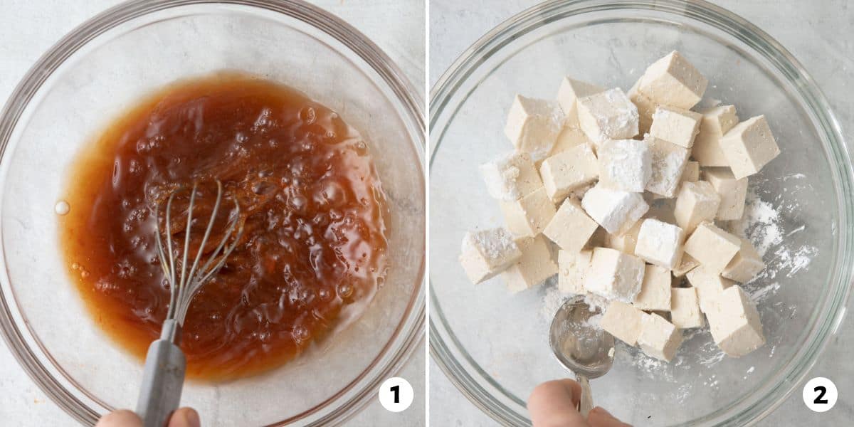 2 image collage preparing for recipe: sauce ingredients being whisked in a bowl and tofu being tossed in cornstarch.