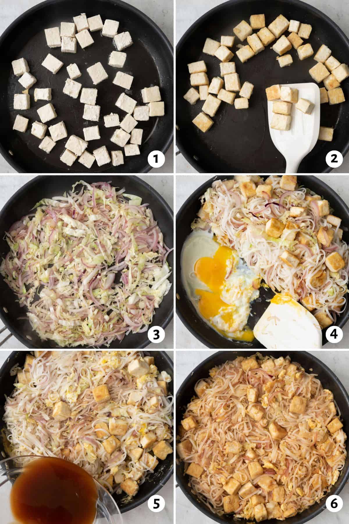 6 image collage making recipe: 1- tofu cubes in a pan, 2- tofu after browning, 3- veggies being sauteed in a pan, 4- tofu cubes added and pad thai pushed to the side with eggs being fried, 5- sauce being added to pan, 6- final pad thai.