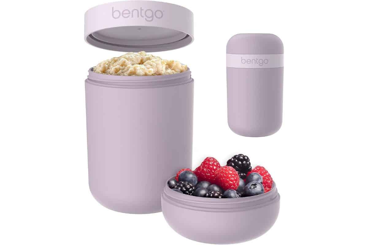 Purple Bentgo snack container with oats and berries