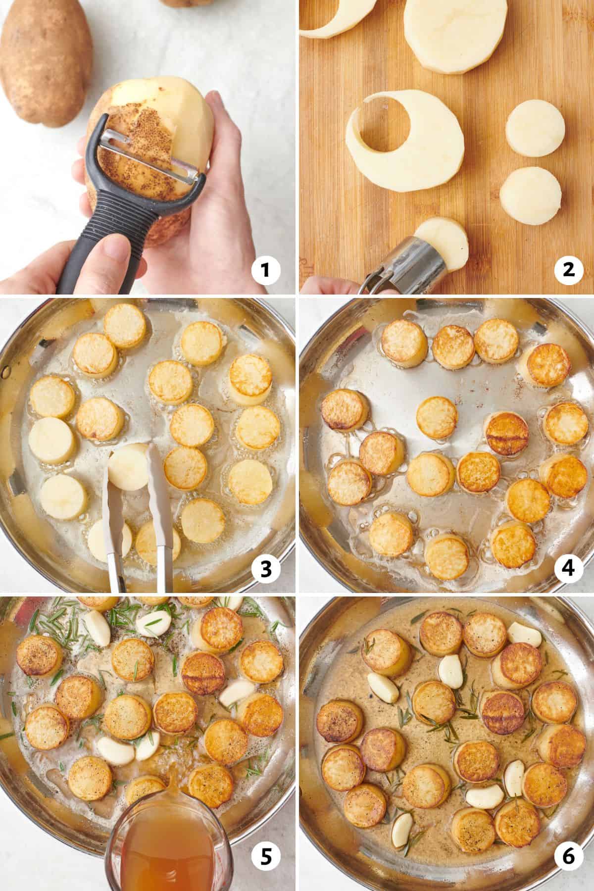 6 image collage making recipe: 1- peel potatoes, 2- cut potatoes into thick rounds with cookie cutter, 3- potato rounds in a skillet with tongs flipping one, 4- after flipping to show a carmalized crust, 5- broth being poured into pan with herbs and garlic cloves added, and 6- after roasting to show reduced sauce.