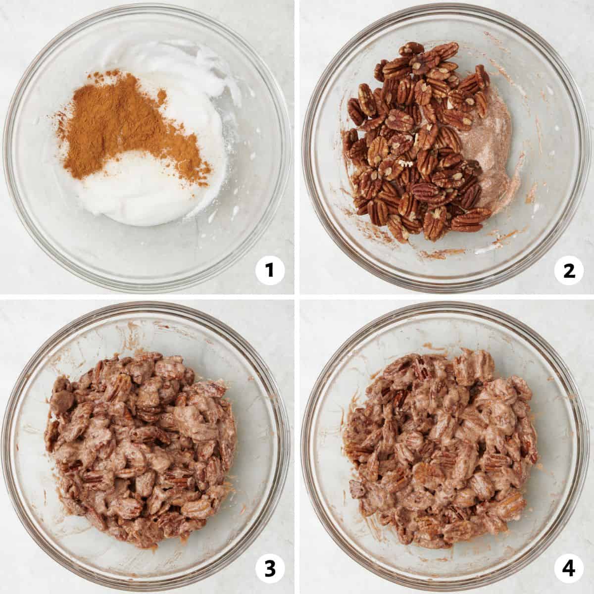 4 image collage preparing recipe for baking: 1- whipped egg whites in a bowl with cinnamon, sugar, and salt before combining, 2- after combined with pecan halves added on top, 3- after folding together with melted butter added, 4- after evenly tossed together.