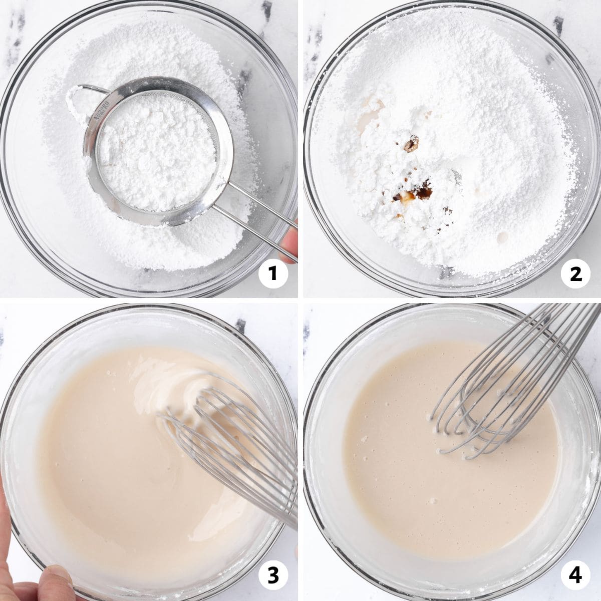 4 image collage making recipe: 1- powdered sugar being sifted in a bowl, 2- vanilla and milk added before combined, 3- whisking together, 4- after fully combined.