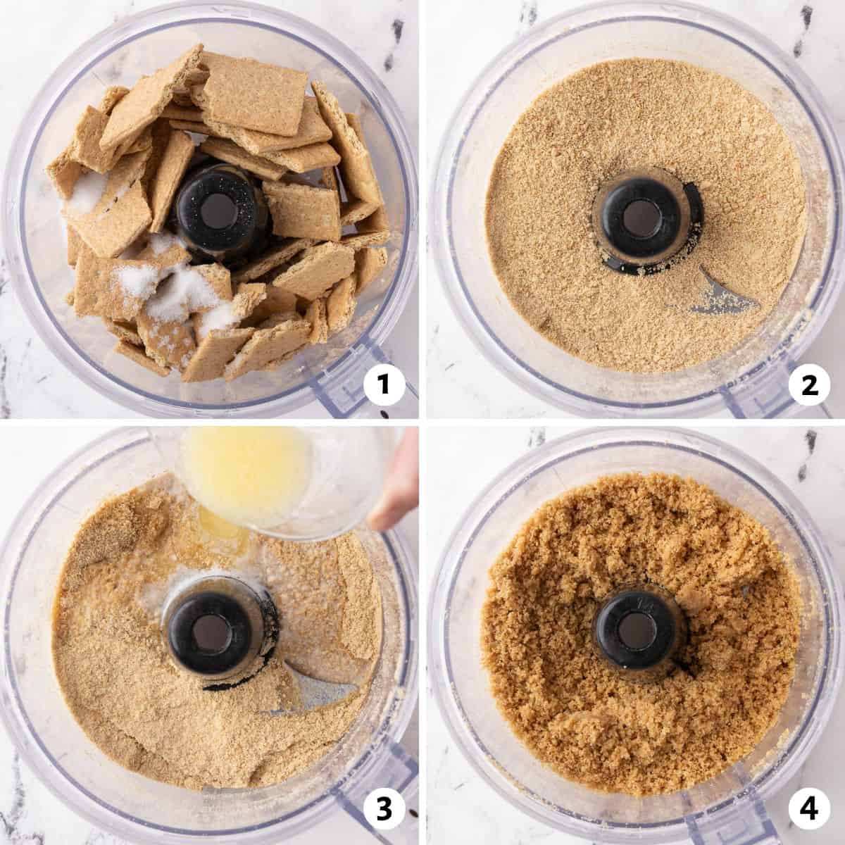 4 image collage preparing crust in a food processor: 1-graham cracker sheets in the bowl of a food processor with sugar added, 2- after pulsing into a fine crumb, 3- adding butter, 4- after butter and crumbs combined.