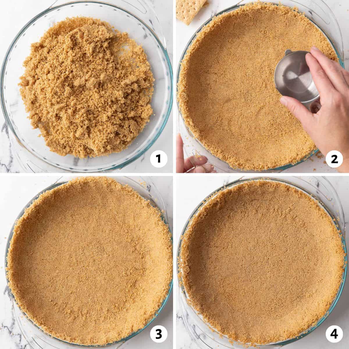 4 image collage preparing pie crust in a glass pie plate: 1- prepared crumbs in pie plate, 2- flat side of measuring cup pressing crumbs evenly into plate, 3- before baking, 4- after baking.