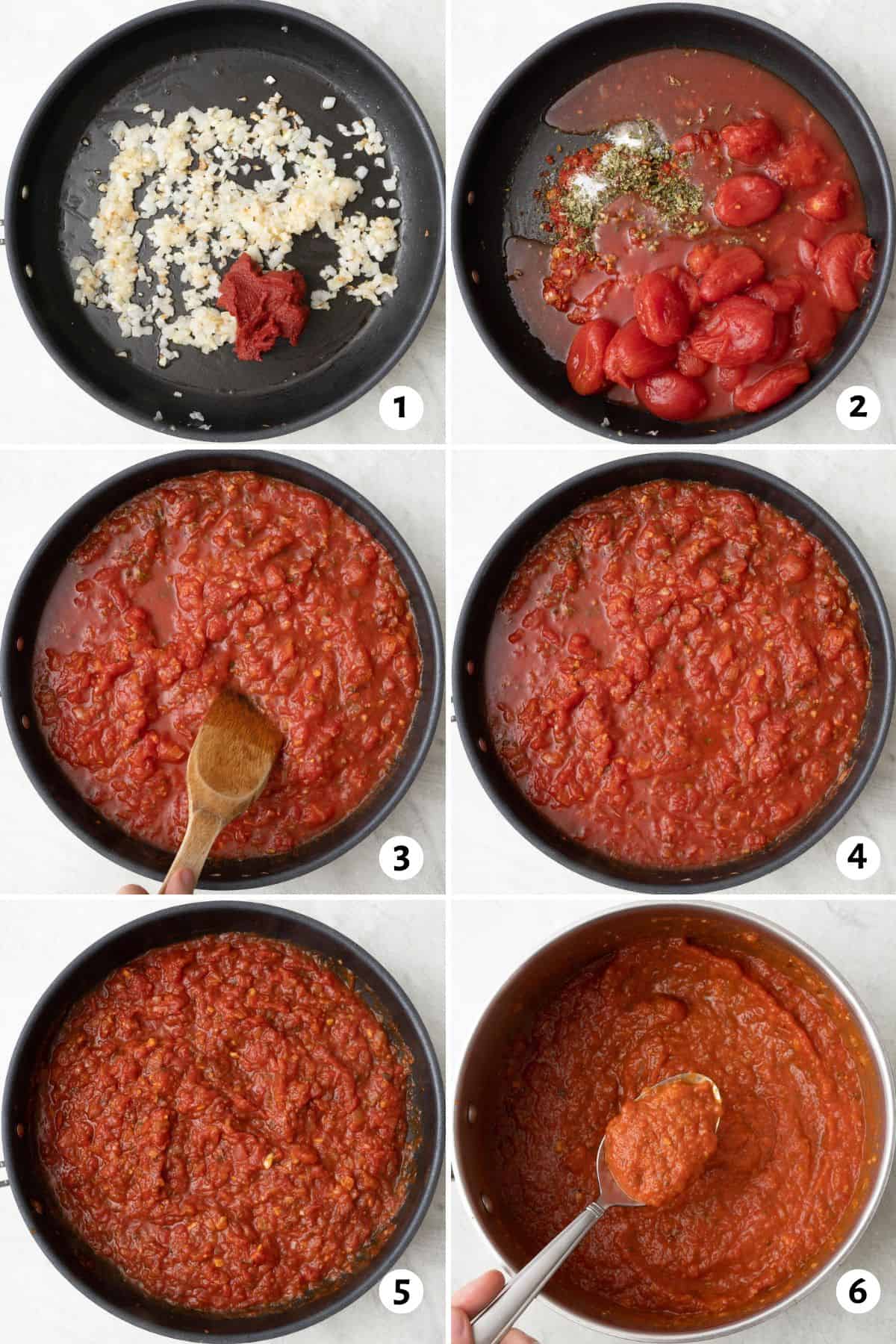 6 image collage making recipe: onions and garlic after cooking with tomato paste adding, 2- tomatoes and seasonings added, 3- wooden spoon breaking tomatoes into small bits, 4- before simmering, 5- after simmering, 6- after pureed and thickened.