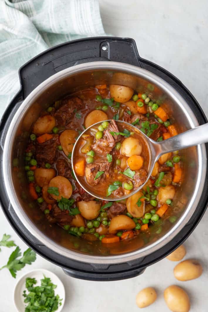 Ladle scooping up a serving of beef stew from Instant Pot.