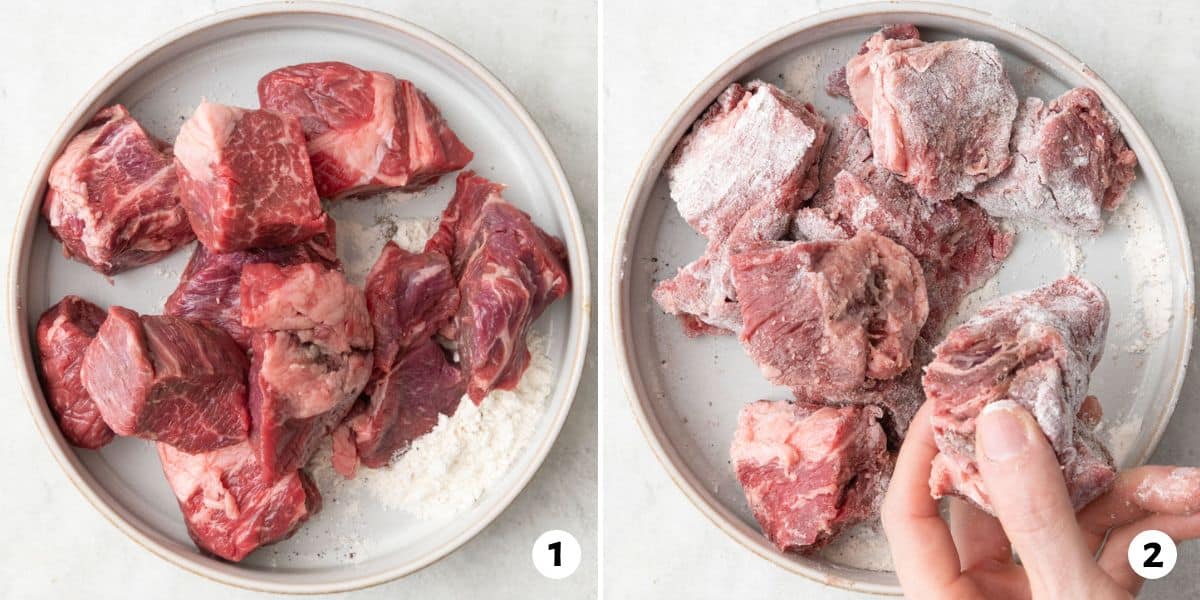 2 image collage coating chunks of beef in flour.