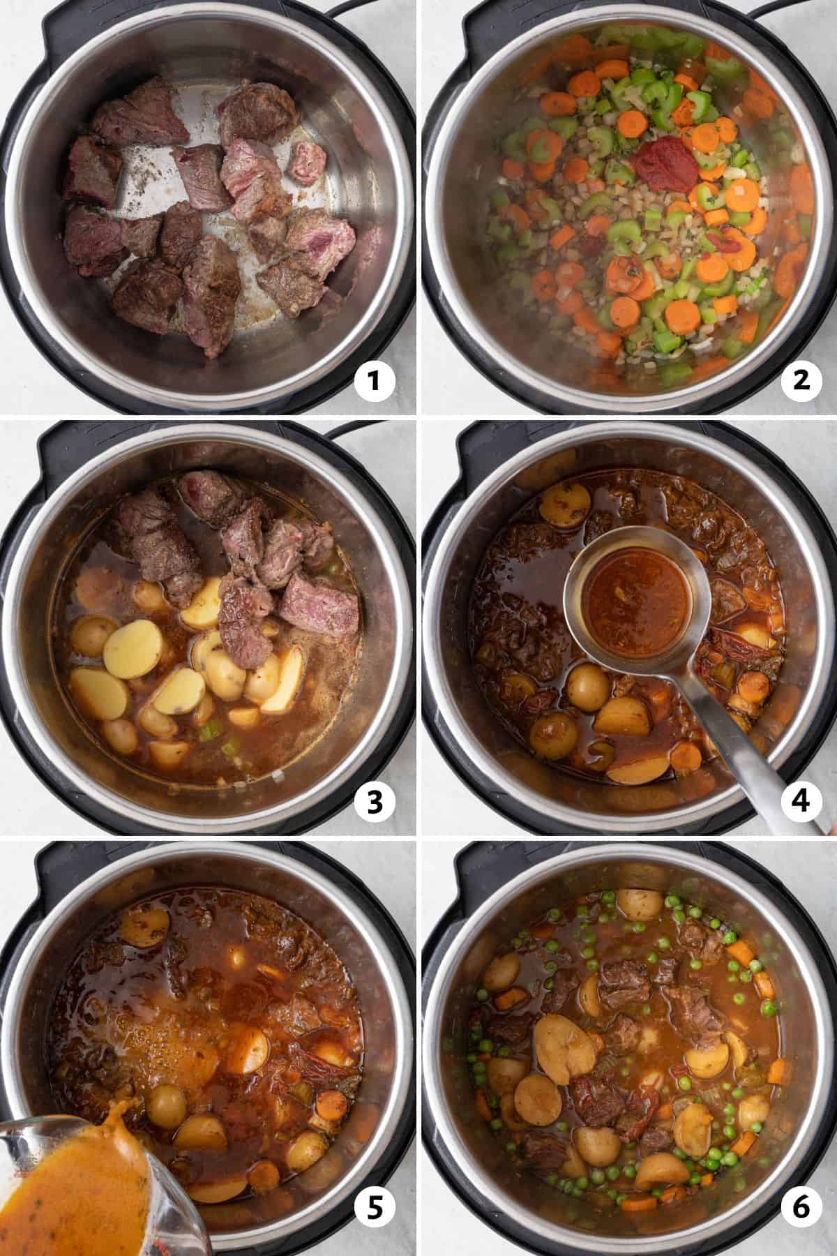 6 image collage making recipe in Instant Pot: 1- flour coated beef added and partially browned, 2- beef removed with veggies added and cooked, 3- broth, potatoes, and beef added to cooked veggies, 4- ladle removing some broth from pot, 5- broth slurry added back to pot, 6- after thickening.