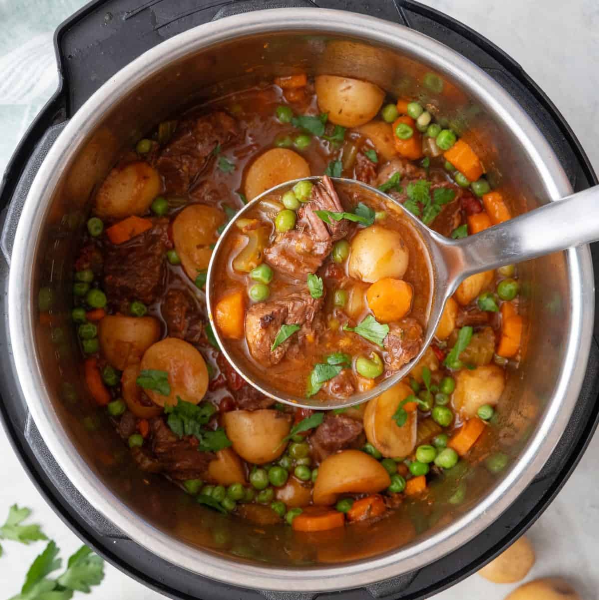 Ladle scooping up a serving of beef stew from Instant Pot.