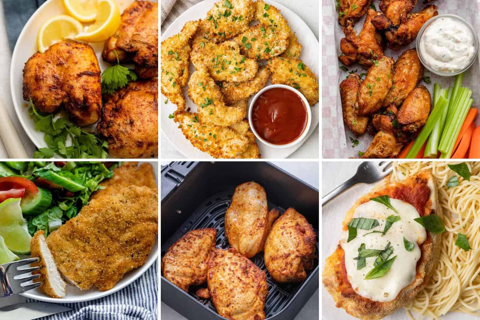 6 image collage of Air fried chicken recipe ideas.