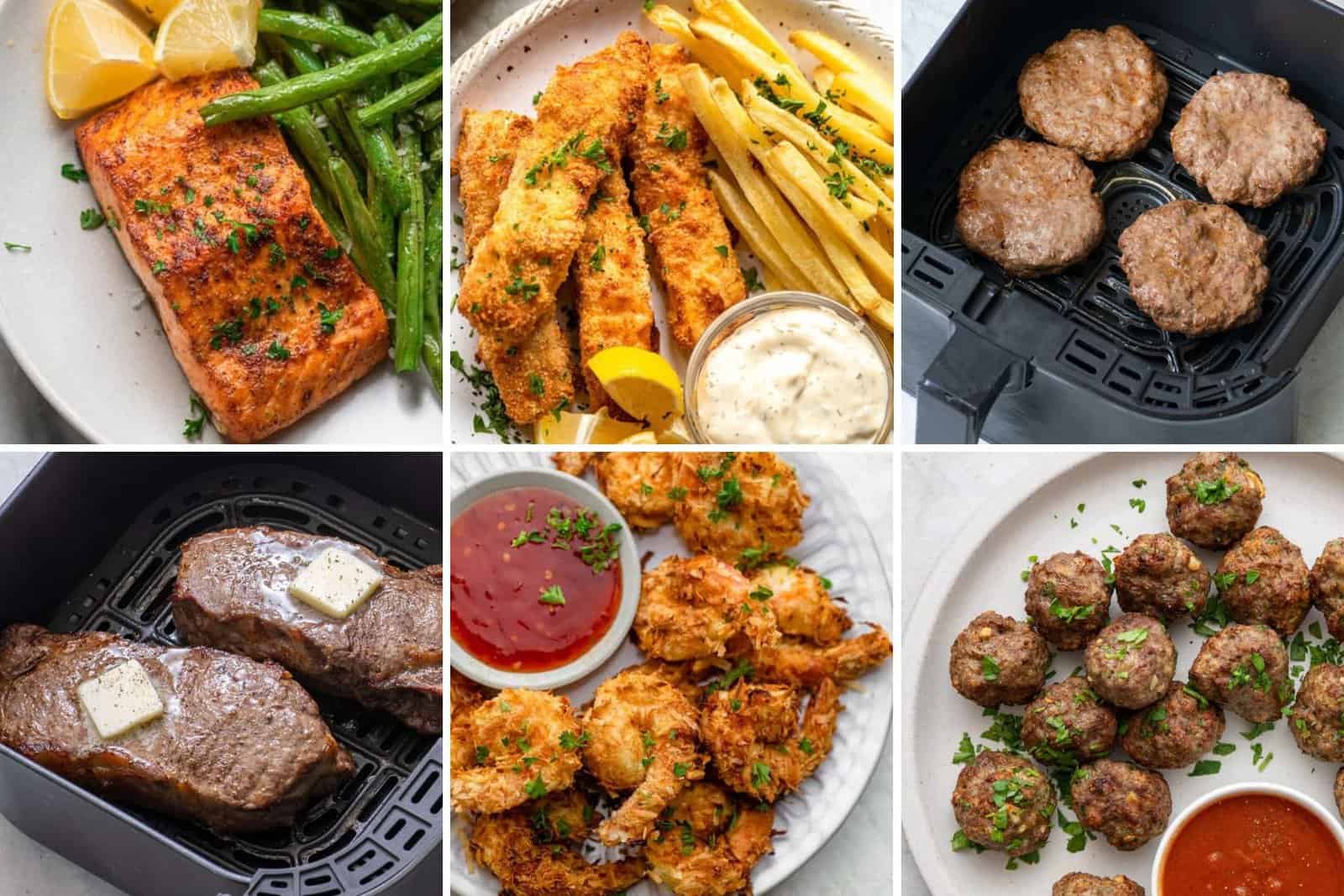6 image collage of main dish ideas that can be made in air fried.
