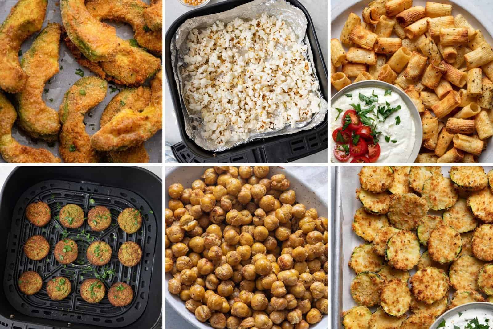 6 image collage of snack recipes made in an air fryer.