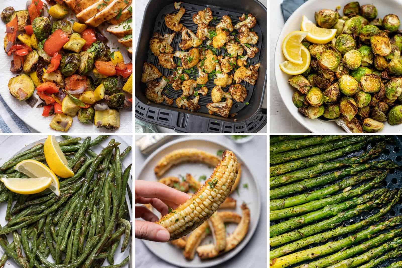 6 image collage of veggie sides.
