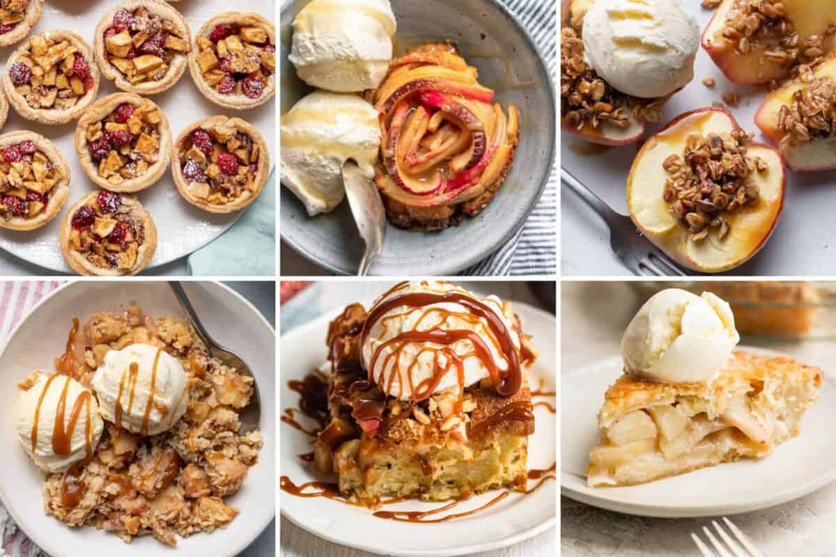 6 image collage of apple desserts.