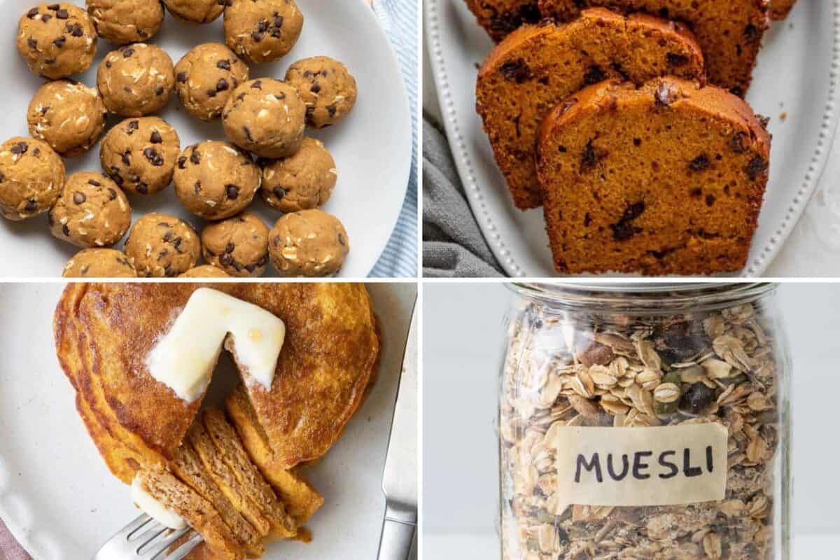 4 image collage of breakfast recipes with pumpkin.