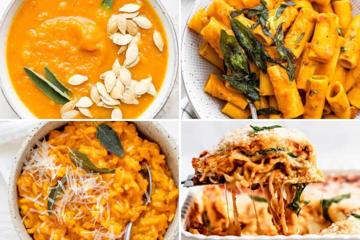 4 image collage of vegetarian pumpkin recipes.
