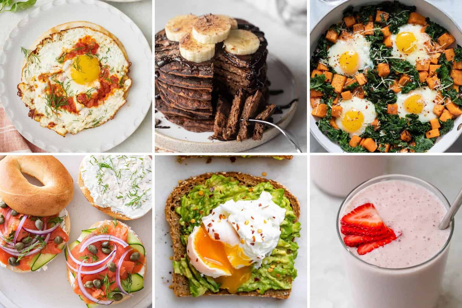 6 image collage of breakfast recipes with 5 ingredients or less.