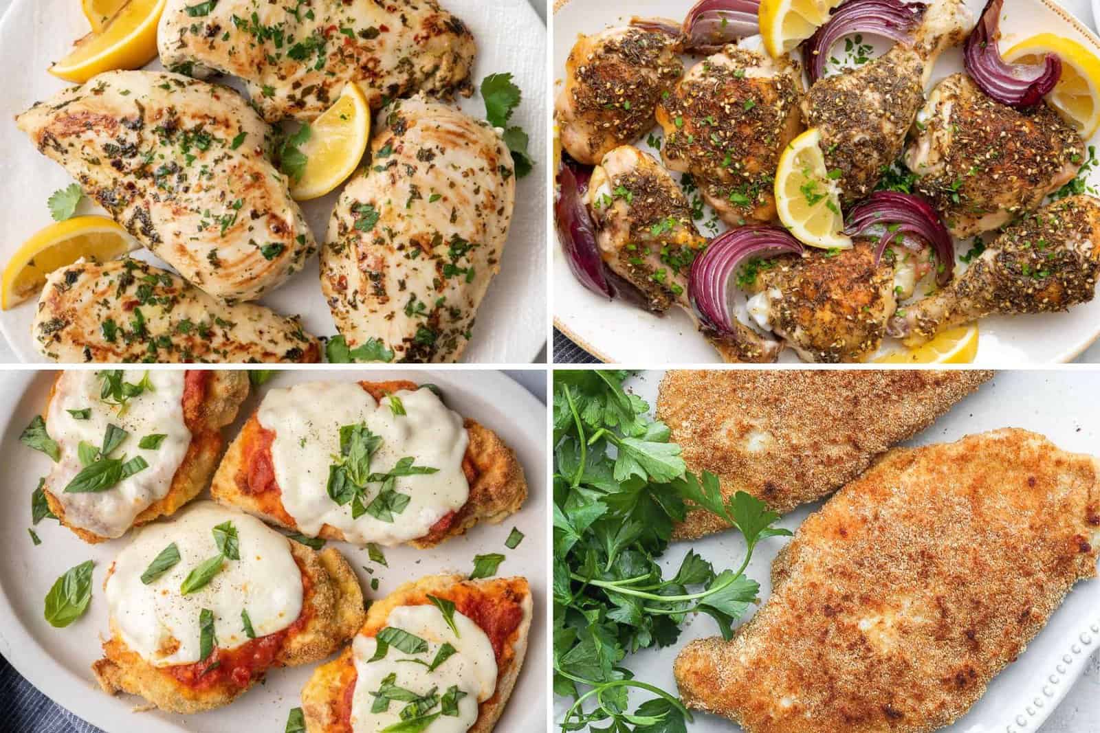4 image collage of chicken dinner ideas with minimal ingredients.