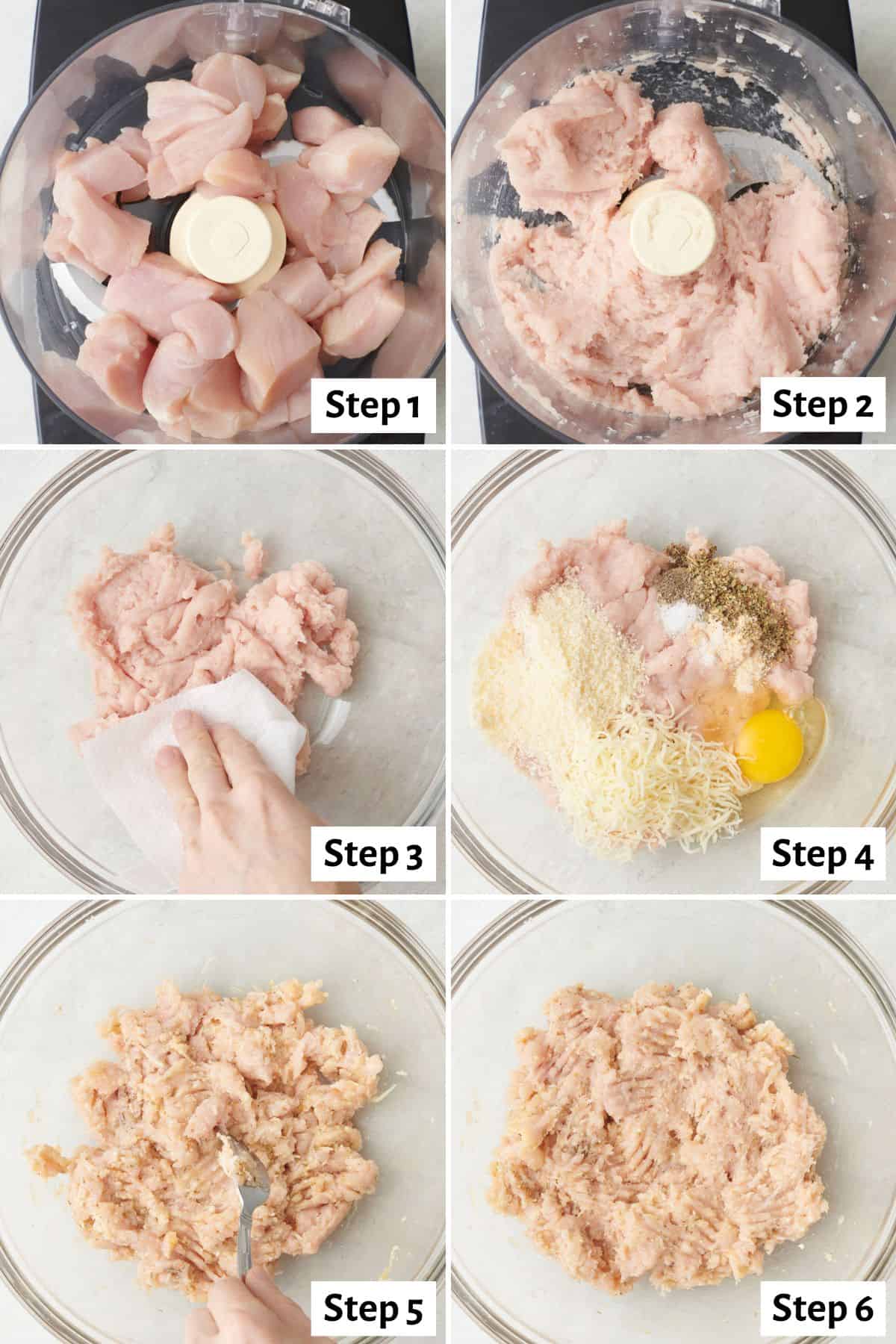 6 image collage preparing recipe: 1- chunks of chicken breasts in a food processor, 2- after processing, 3- processed chicken in a bowl, 4-egg, cheese, and seasoning added, 5- fork combining ingredients, 6- after combining.