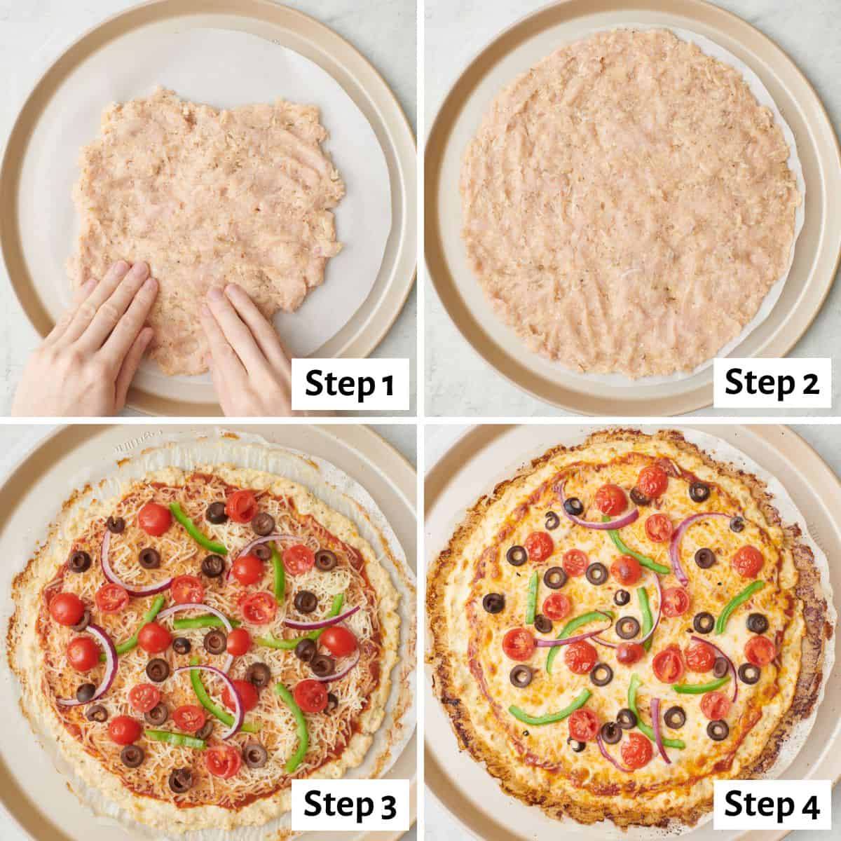 4 image collage making recipe: 1- hand spreading chicken crust mixture on to a round baking pan on top of parchment paper, 2- after mixture is formed into a round before baking, 3- after baking with cheese and additional toppings added, 4- after fully baked to show melty cheese.