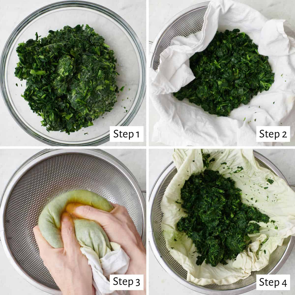 4 image collage preparing spinach: 1- frozen spinach in a bowl, 2- thawed spinach on a towel over sieve, step 3- towel closed with hands squeezing it to remove liquid, 4- spinach on opened towel after moisture removed.