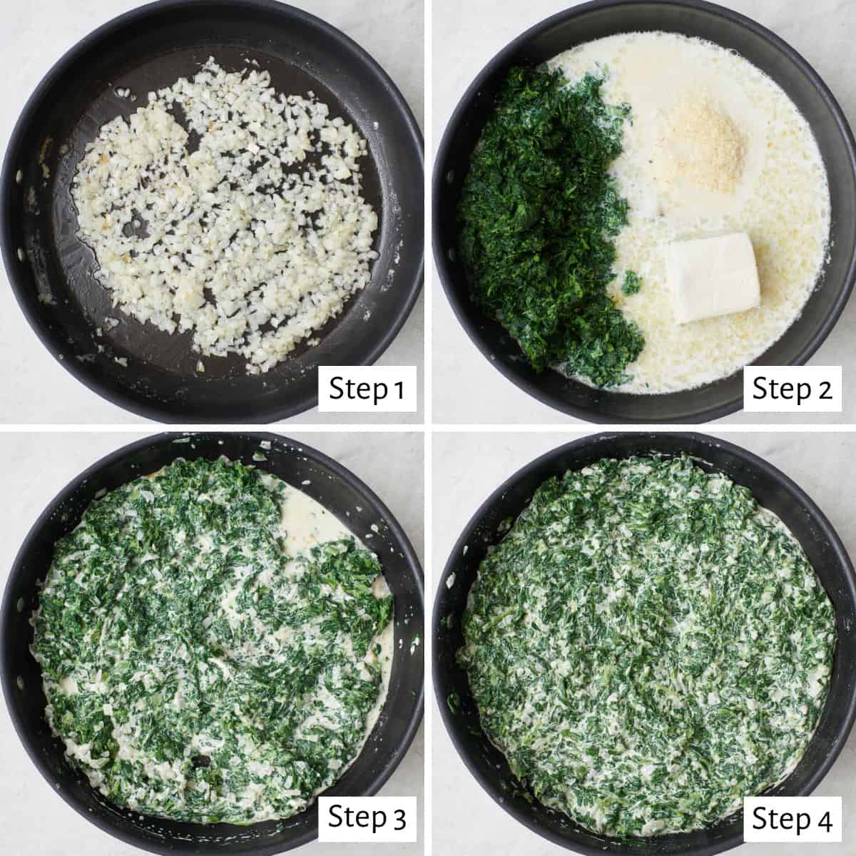 4 image collage making recipe: step 1- cooked onions with butter, step 2- thawed spinach, milk, parmesan, and cream added before mixed, step 3- after combining, step 4- after milk is thickened.