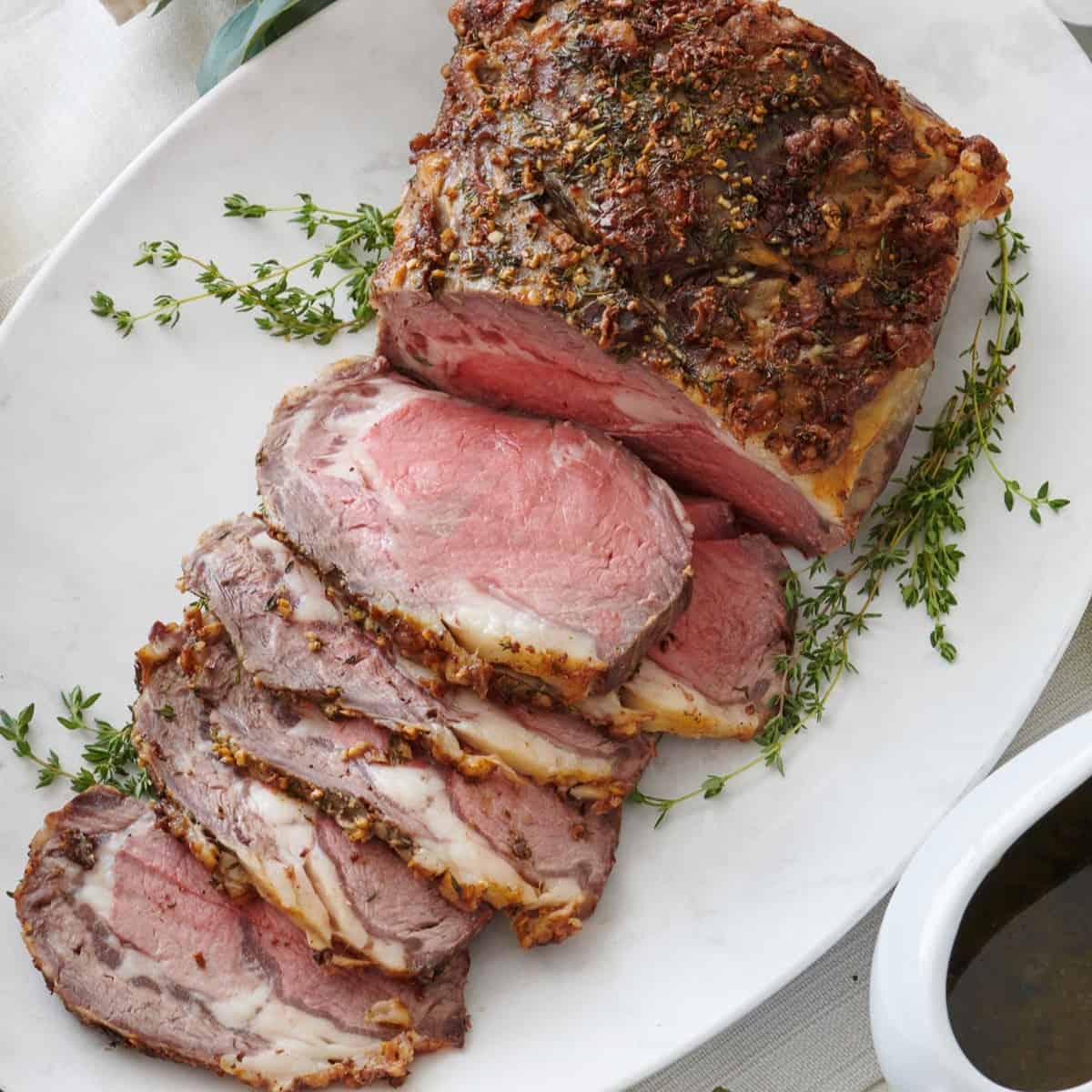 Prime rib on a serving platter.