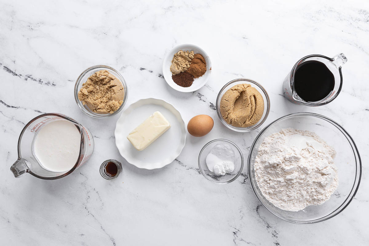 Ingredients for recipe: heavy cream, brow sugar, vanilla, butter, spices, egg, rising agents, molasses, and flour.
