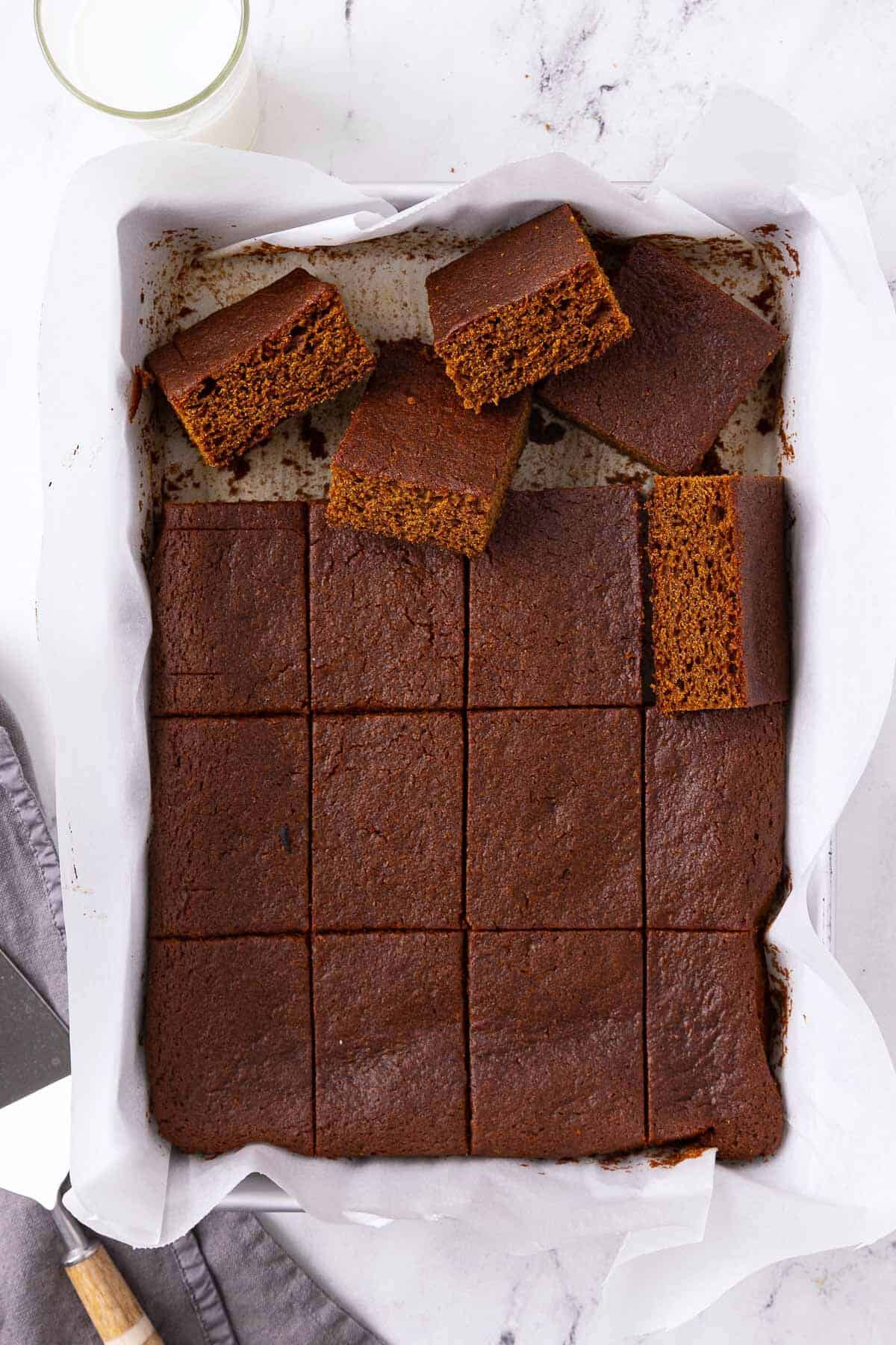 Gingerbread in cake pan cut into squares.