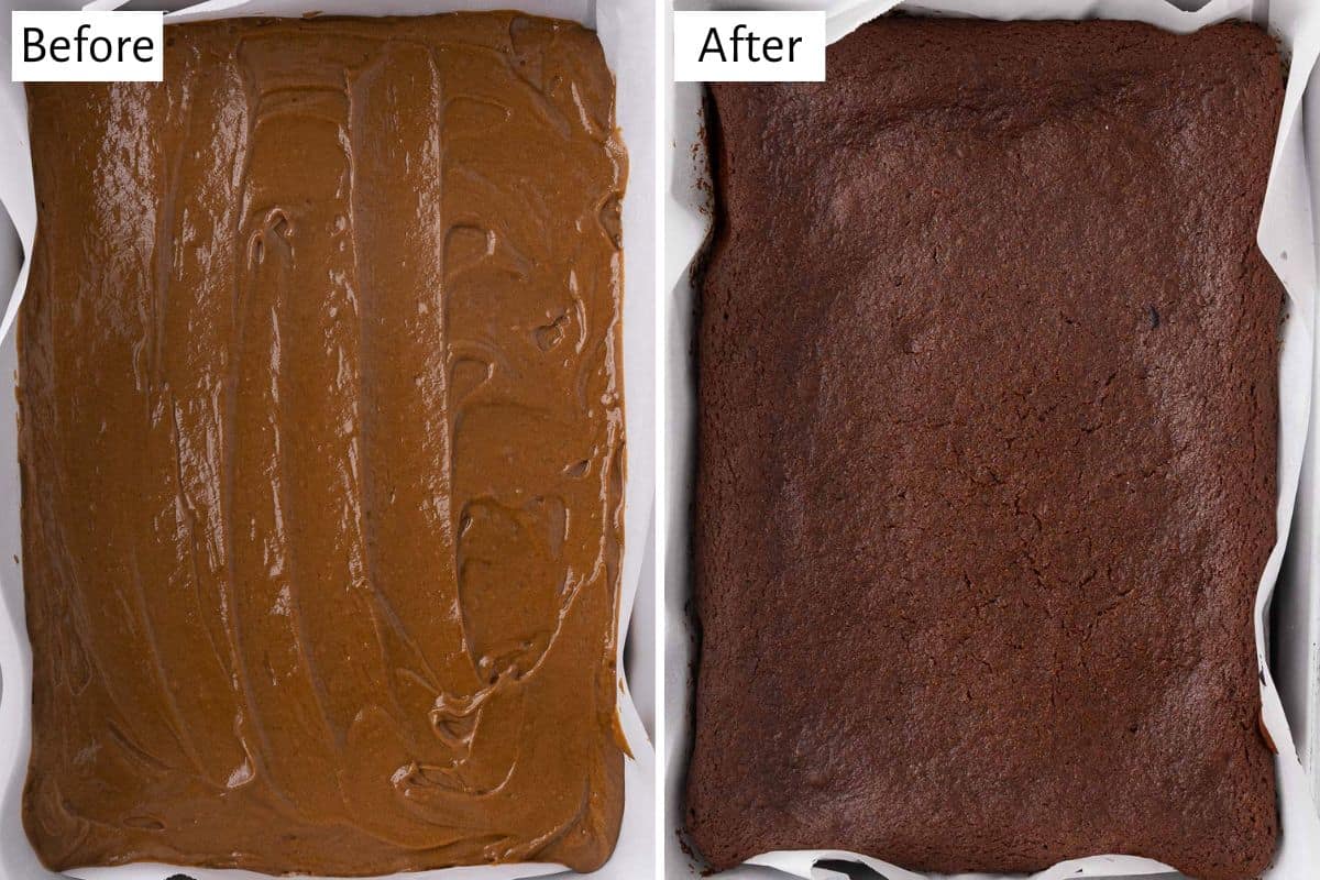 2 image collage of gingerbread cake batter in a rectangular pan before and after baking.