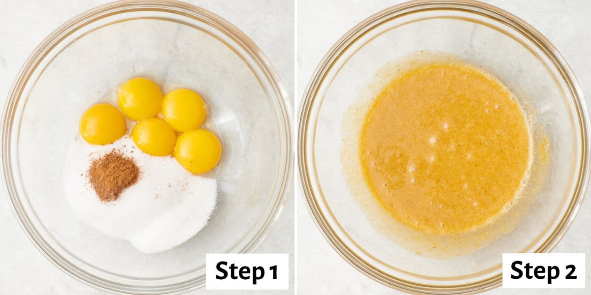2 image collage of eggs, sugar, and spices in a bowl before and after mixing.