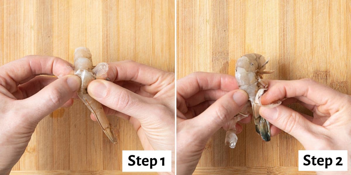 2 image collage showing how to peel shrimp with your hands.
