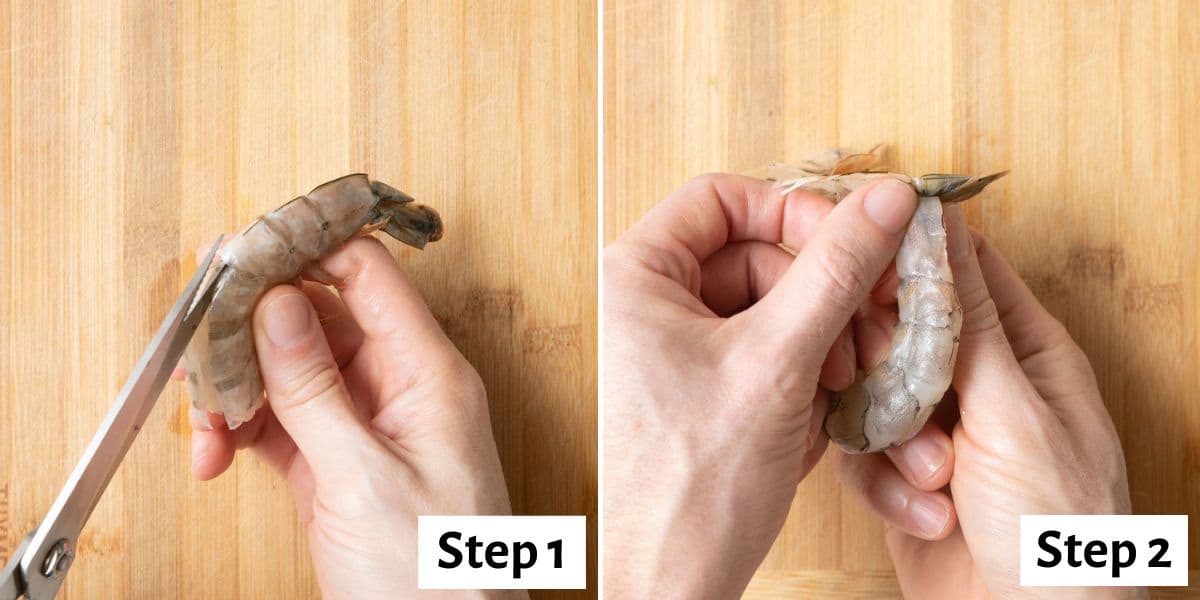 2 image collage showing how to peel shrimp with kitchen sheers.