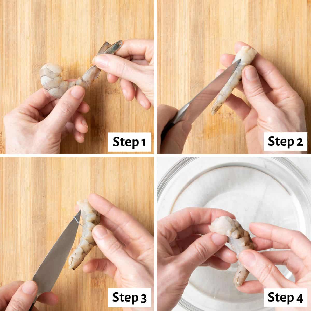 4 image collage on how to devein shrimp after peeling.