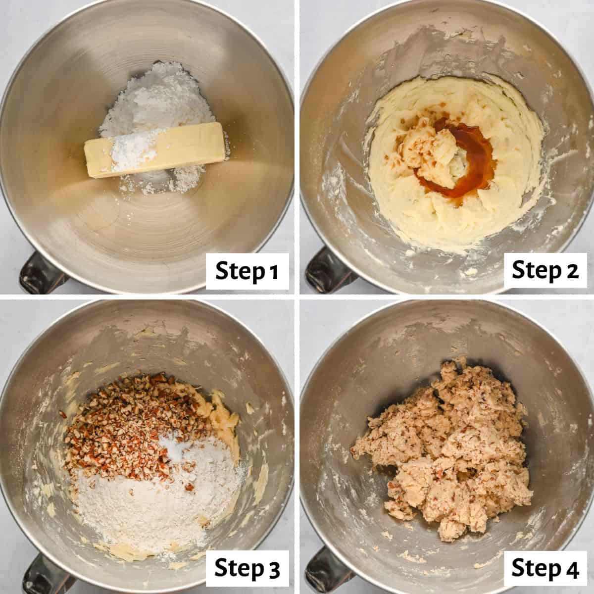 4 image collage making recipe in a stand mixer: step 1- butter and sugar in the bowl before mixing, step 2- after creaming together with vanilla added, step 3- pecans and flour added, step 4- cookie batter after combined.