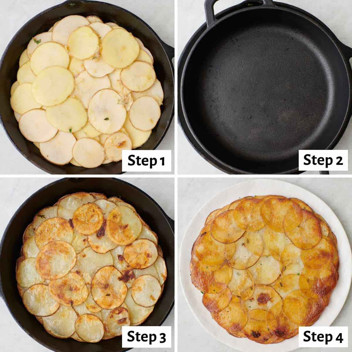 4 image collage assembly and baking recipe: roasted garlic coated potato slices arranged in a cast iron skillet, 2- another heavy skillet pressing the potatoes down before baking, 3- pan removed to show potatoes after baking, 4- recipe flipped out of pan on a serving plate to show golden brown and crispy potato slices.
