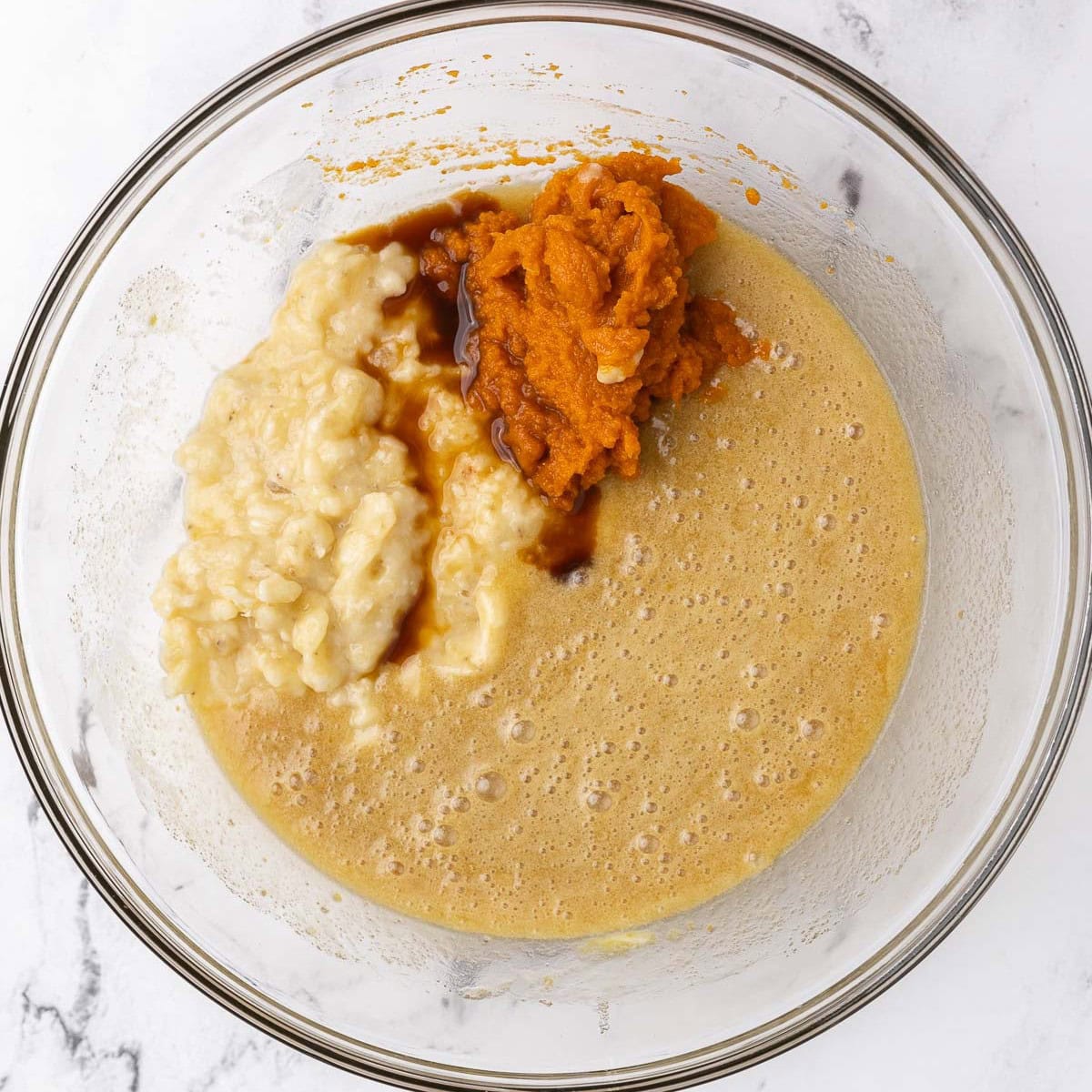 After whisking smooth with banana, pumpkin, and vanilla added before combining.
