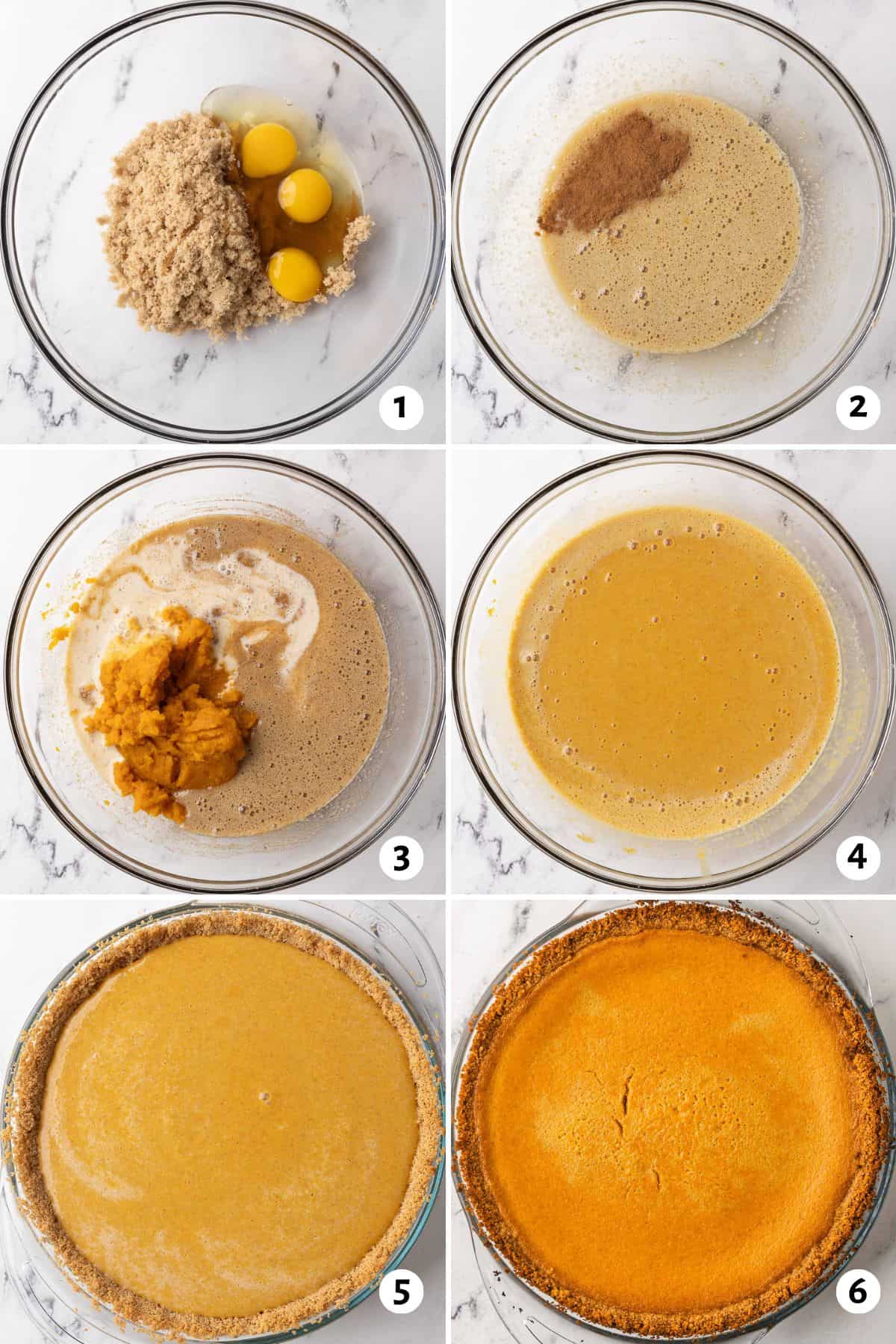 6 image collage making pie filling: 1- brown sugar and eggs in bowl before mixing, 2- after mixing with spices added, 3- pumpkin and milk added, 4- mixture completely combined, 5- filling added to prepared graham cracker crust before baking, 6- after baking.