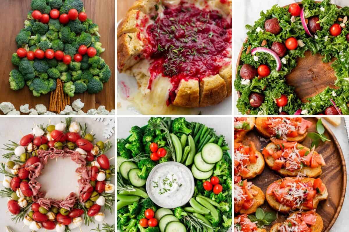 6 image collage of christmas party appetizer ideas.