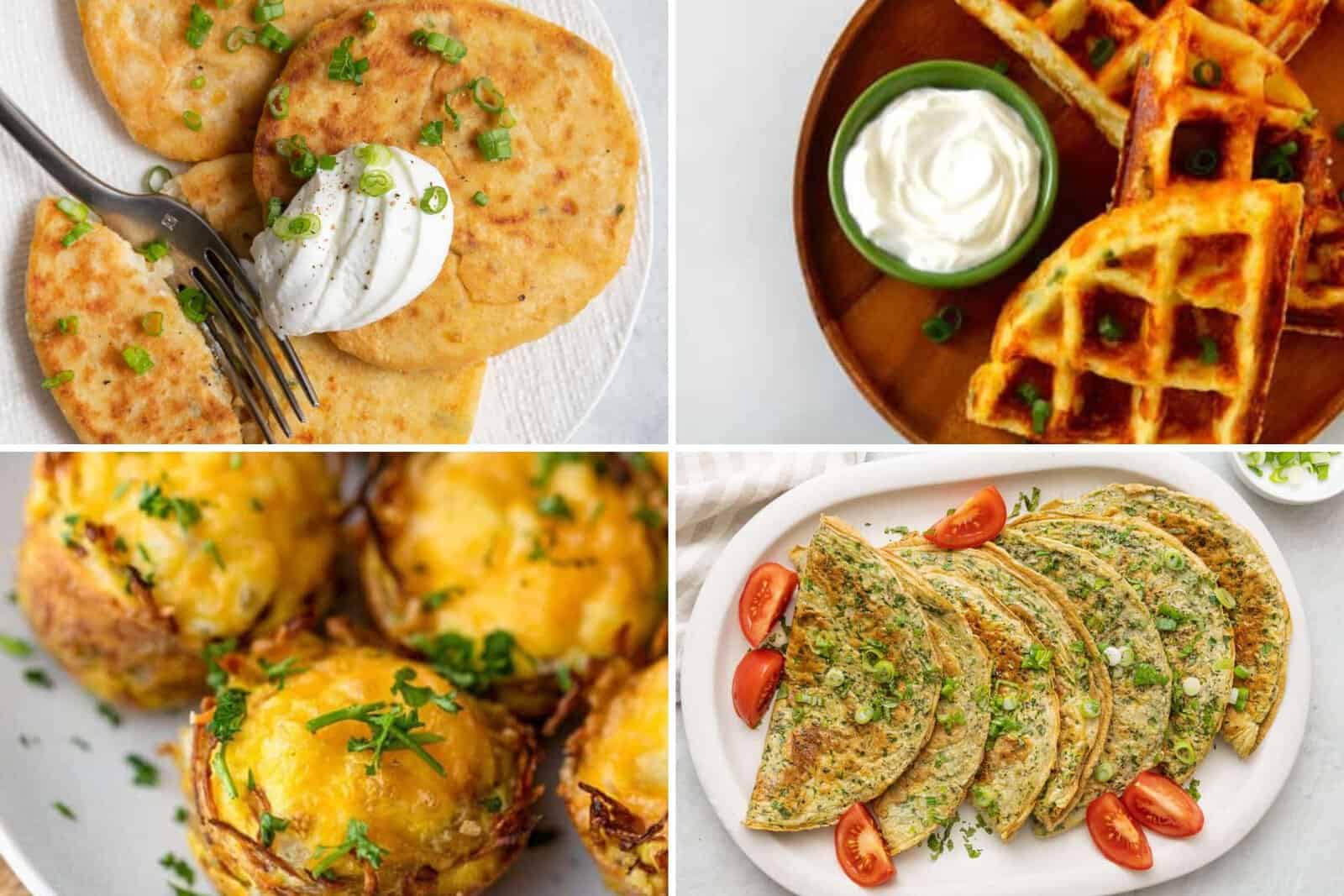 4 image collage of breakfast recipe ideas that use leftover mashed potatoes.