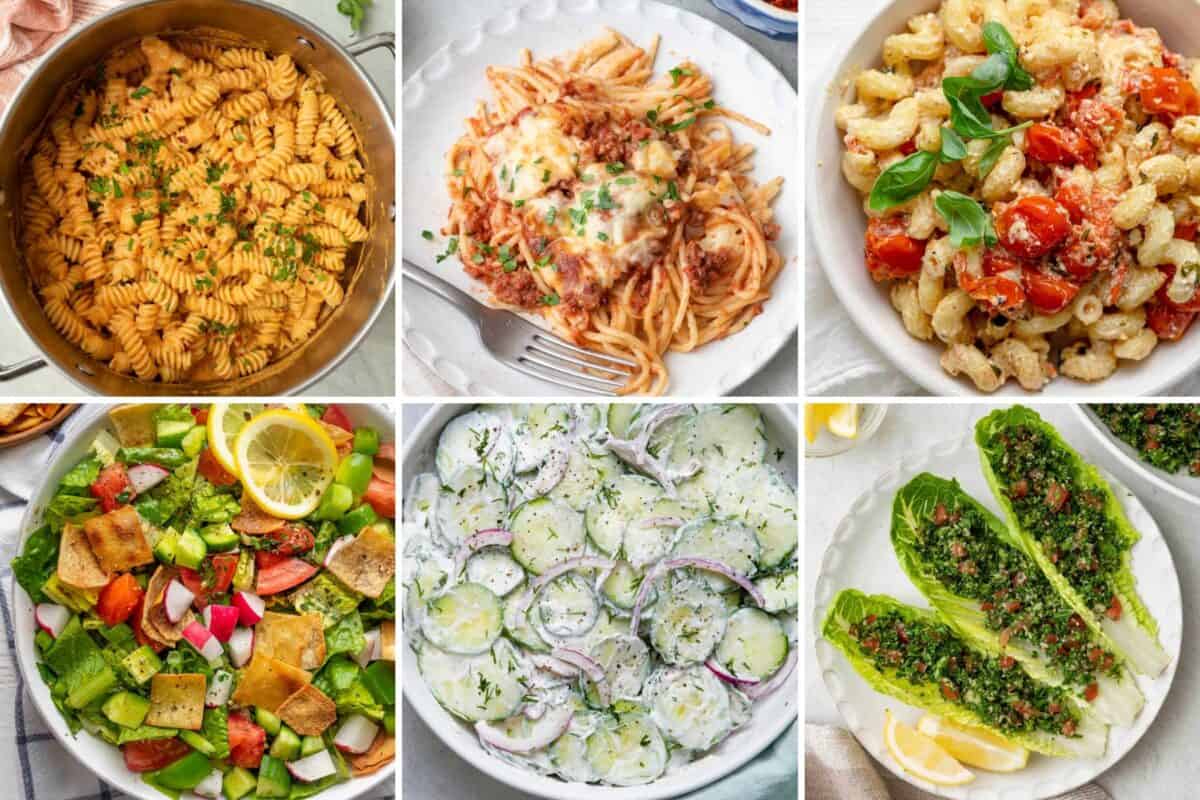 6 image collage of side dish ideas.