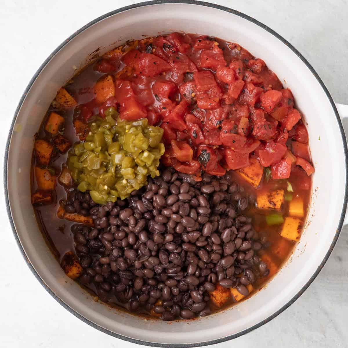 Broth, black beans, tomatoes, and chilis added before mixing.