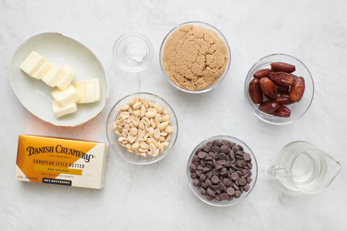 Ingredients for recipe before prepped: Danish Creamery Sea Salted European Style Butter, peanuts, salt, brown sugar, chocolate chips, dates, and water.