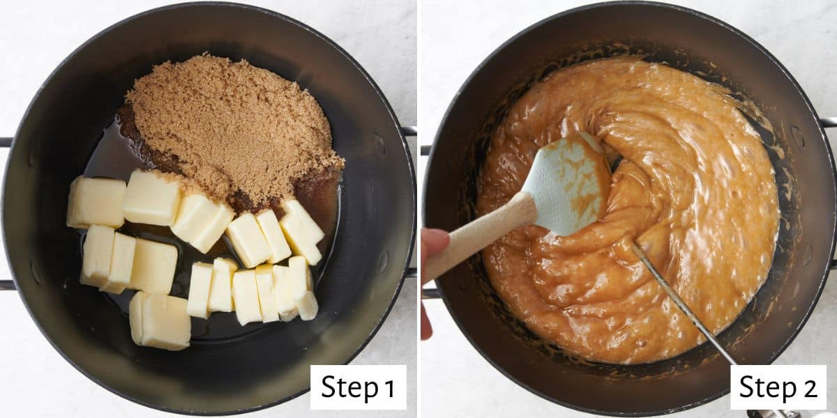 2 image collage making recipe: 1- butter and sugar in pot before melting, 2- after melted being stirred with a candy thermometer dipped inside.