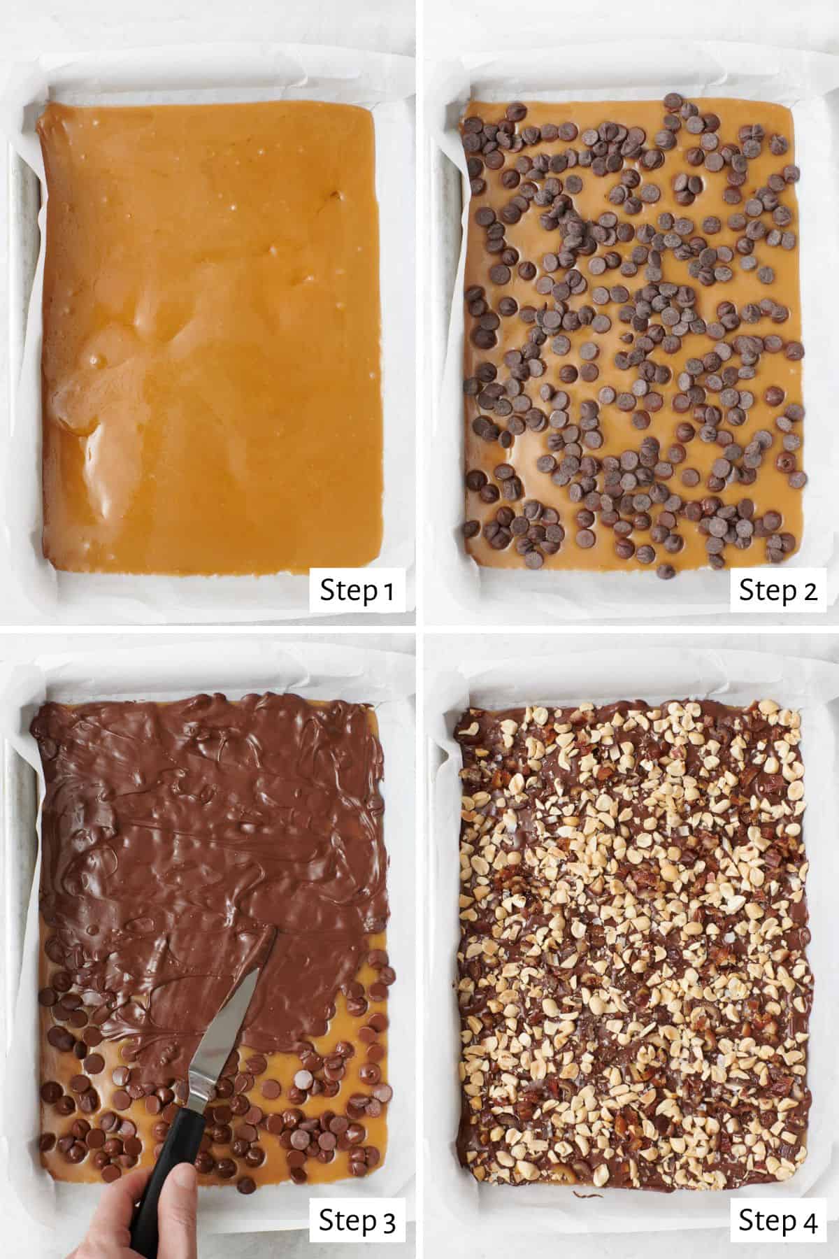 4 image collage building layers of ingredients: 1- toffee spread out on a parchment lined sheet pan, 2- chocolate chips scattered on warm toffee, 3- knifes spreading melted chocolate over toffee, 4- nuts and dates sprinkled on top.